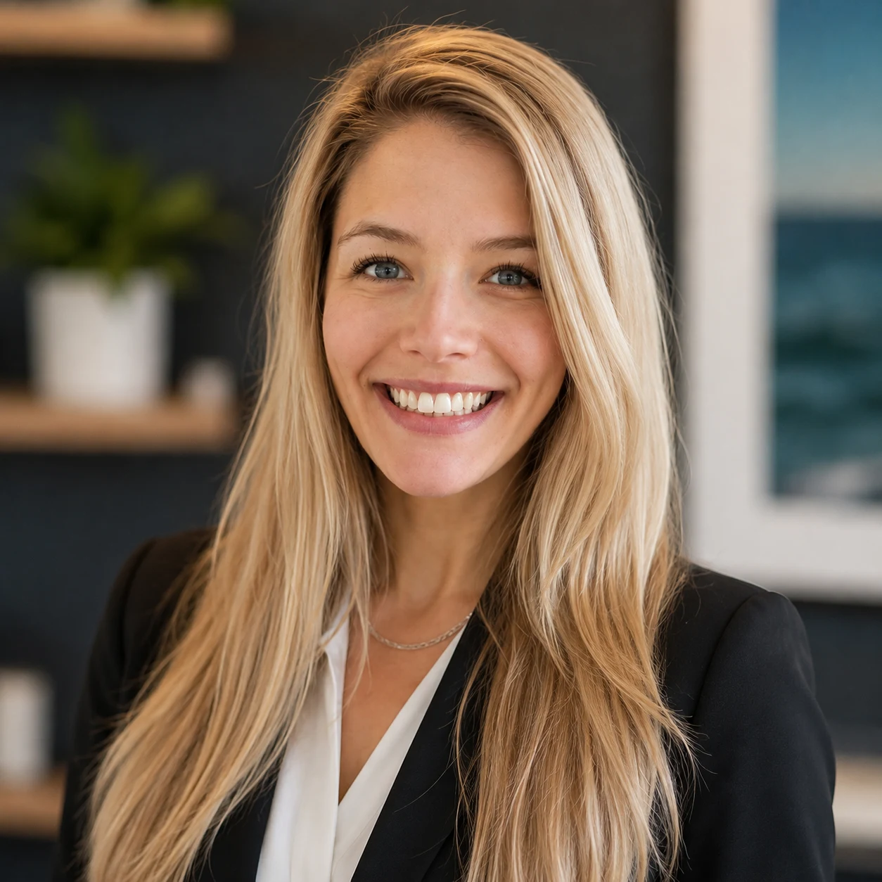 Kelsey Leinweber smiling, wearing a dark blazer and white blouse